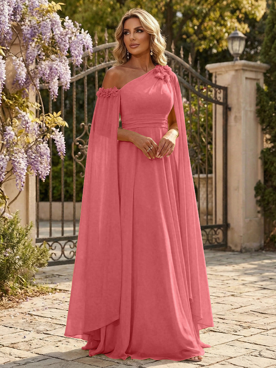Chiffon A-Line/Princess Off Shoulder Floor-Length Formal Dresses with Ruched Waist