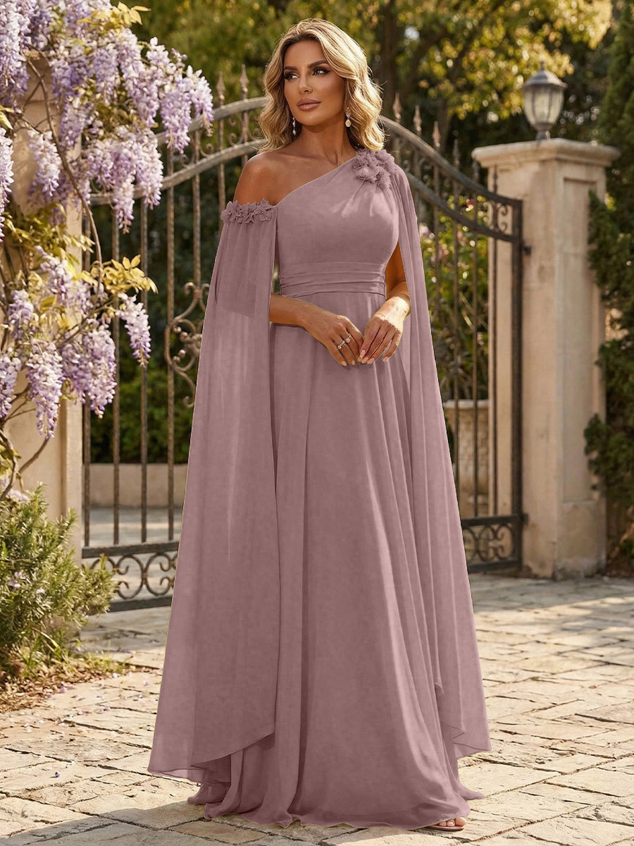 Chiffon A-Line/Princess Off Shoulder Floor-Length Formal Dresses with Ruched Waist