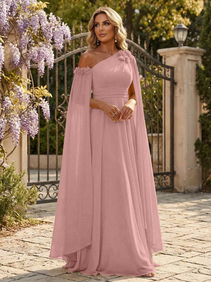 Chiffon A-Line/Princess Off Shoulder Floor-Length Formal Dresses with Ruched Waist
