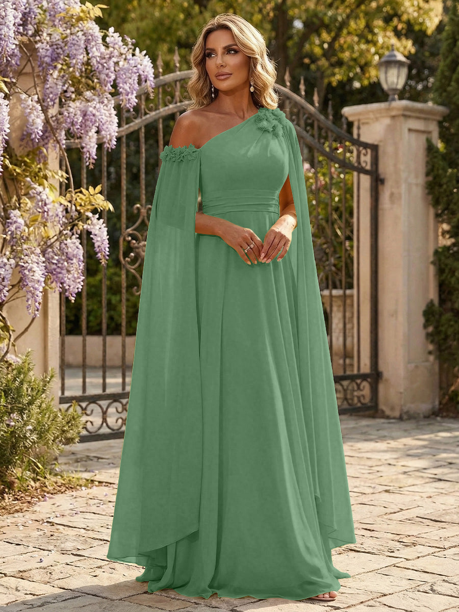 Chiffon A-Line/Princess Off Shoulder Floor-Length Formal Dresses with Ruched Waist