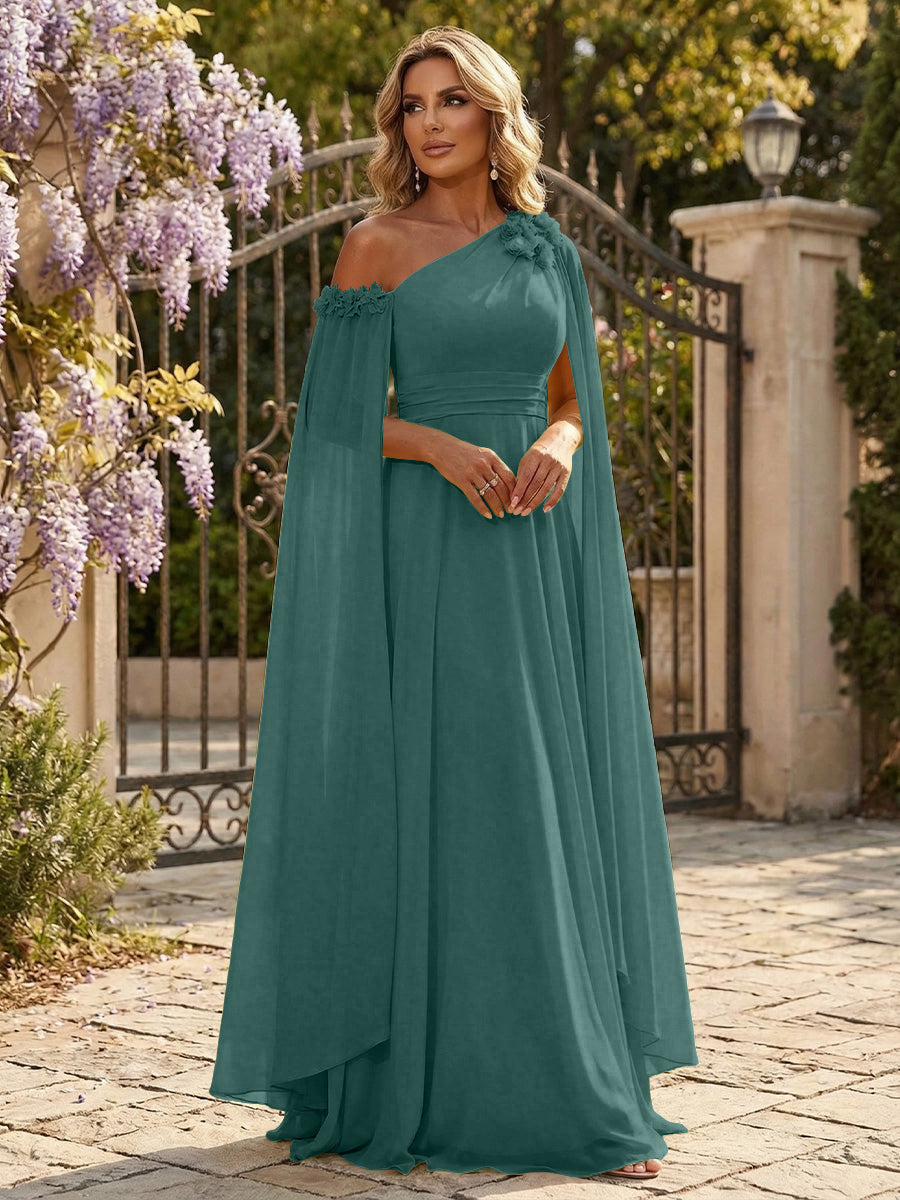 Chiffon A-Line/Princess Off Shoulder Floor-Length Formal Dresses with Ruched Waist