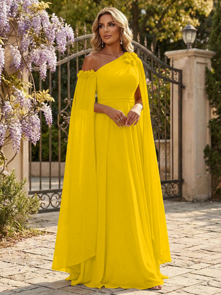 Chiffon A-Line/Princess Off Shoulder Floor-Length Formal Dresses with Ruched Waist