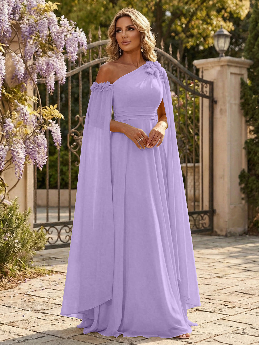 Chiffon A-Line/Princess Off Shoulder Floor-Length Formal Dresses with Ruched Waist