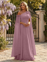 Chiffon A-Line/Princess Off Shoulder Floor-Length Formal Dresses with Ruched Waist