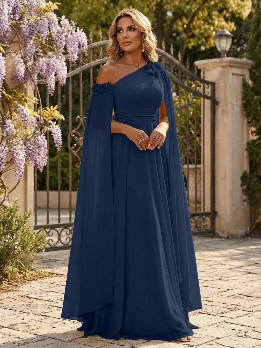 Chiffon A-Line/Princess Off Shoulder Floor-Length Formal Dresses with Ruched Waist