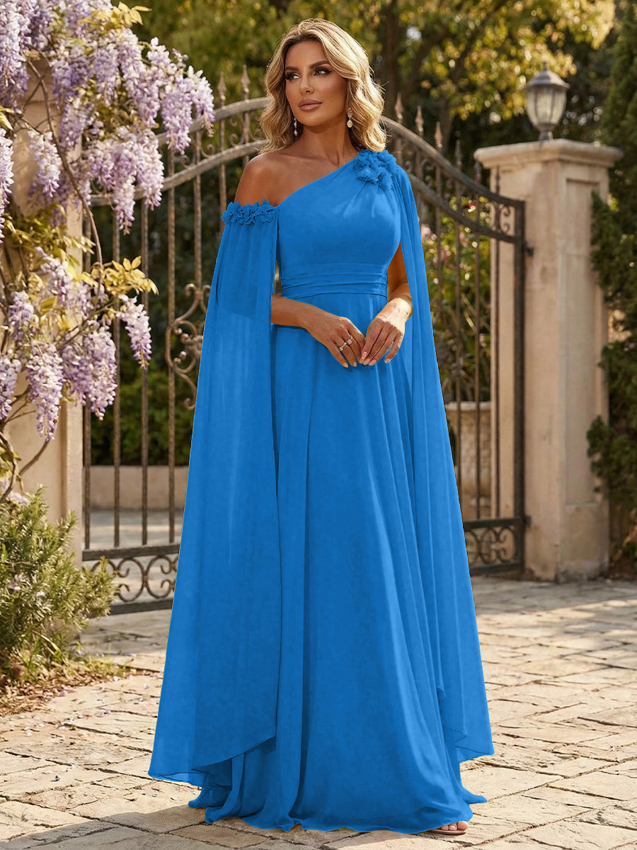 Chiffon A-Line/Princess Off Shoulder Floor-Length Formal Dresses with Ruched Waist