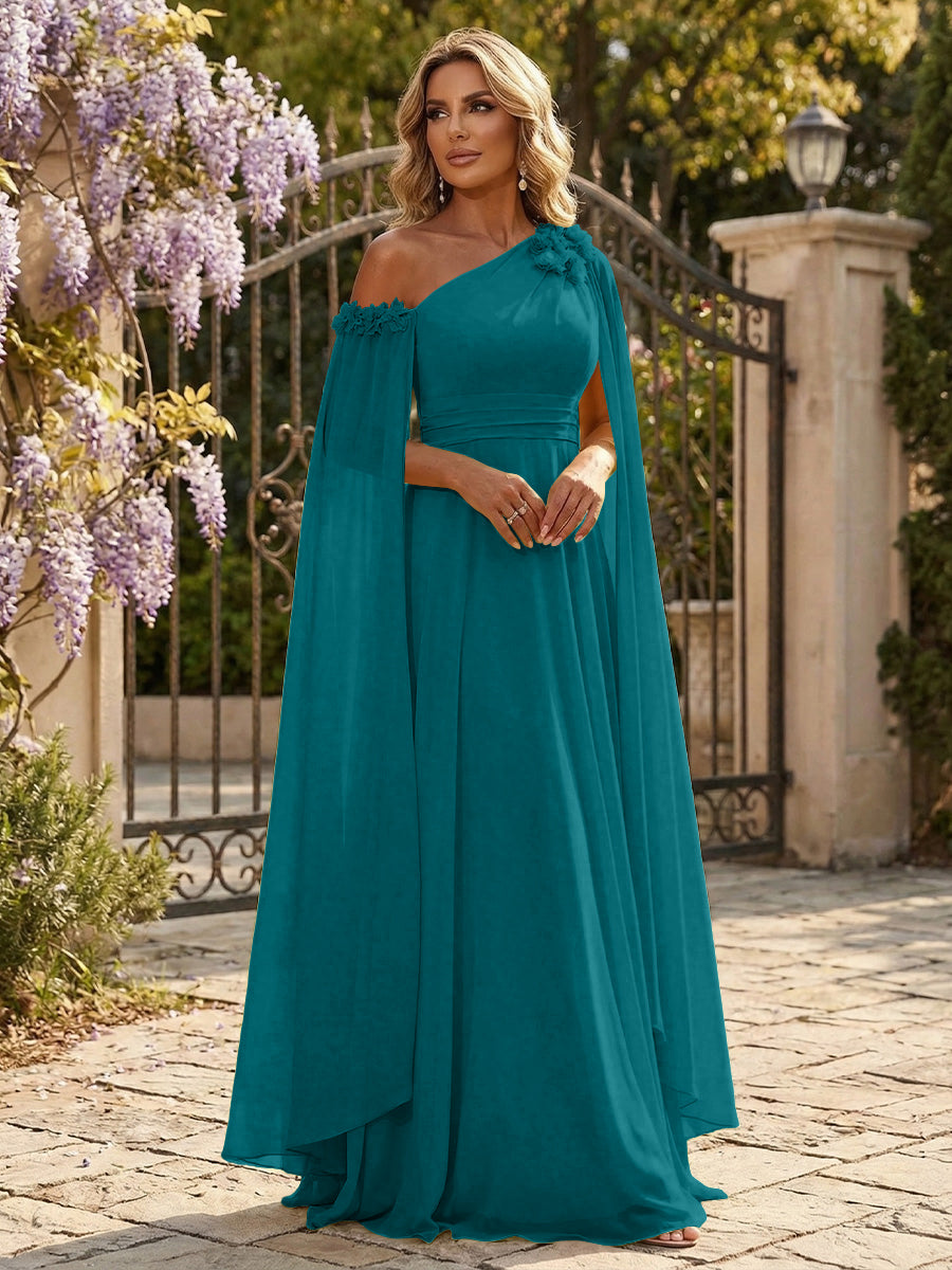 Chiffon A-Line/Princess Off Shoulder Floor-Length Formal Dresses with Ruched Waist