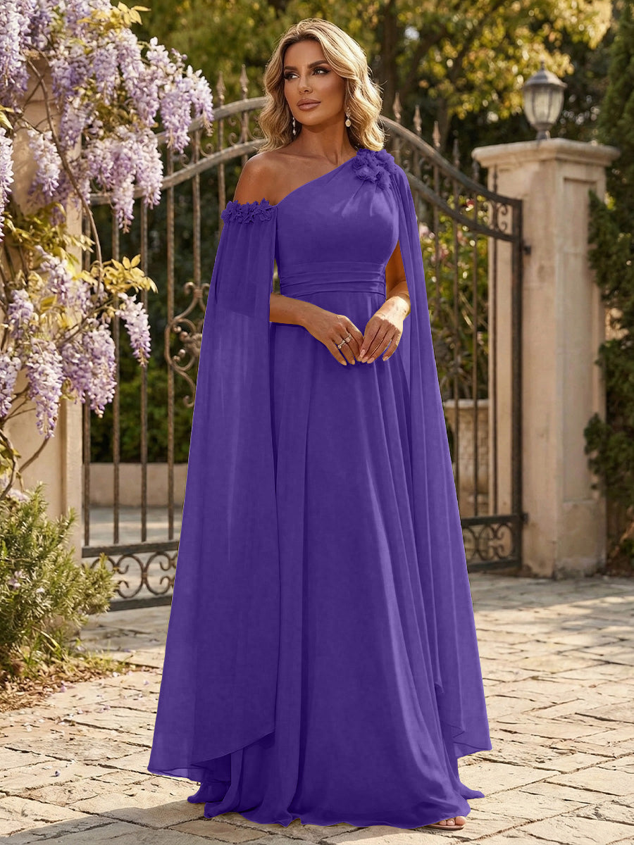 Chiffon A-Line/Princess Off Shoulder Floor-Length Formal Dresses with Ruched Waist