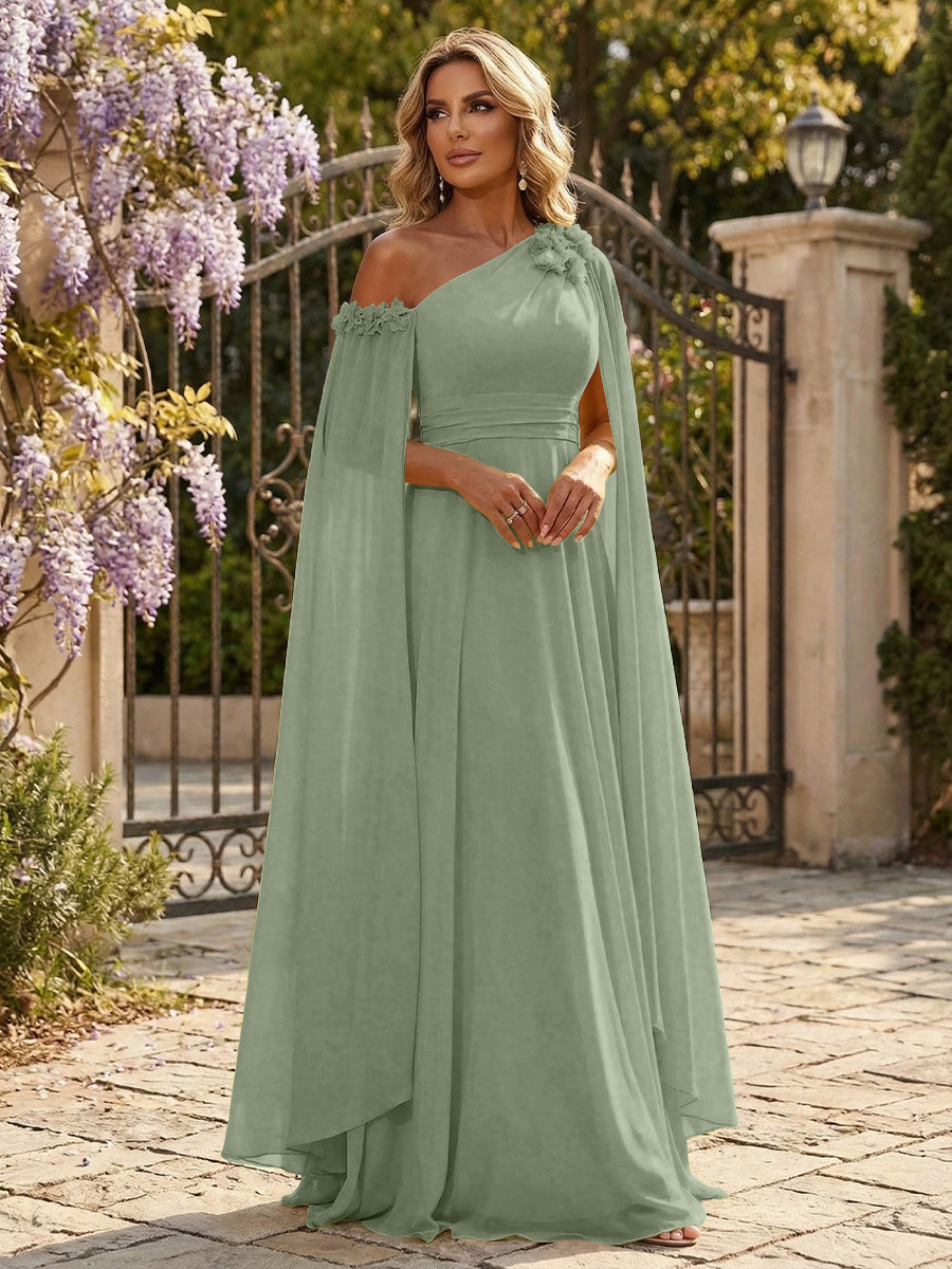 Chiffon A-Line/Princess Off Shoulder Floor-Length Formal Dresses with Ruched Waist