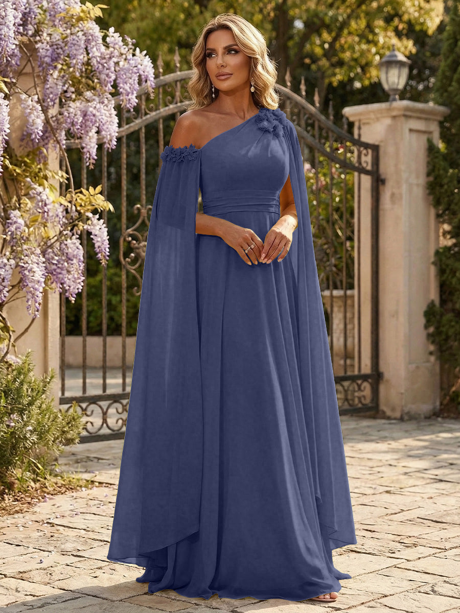 Chiffon A-Line/Princess Off Shoulder Floor-Length Formal Dresses with Ruched Waist
