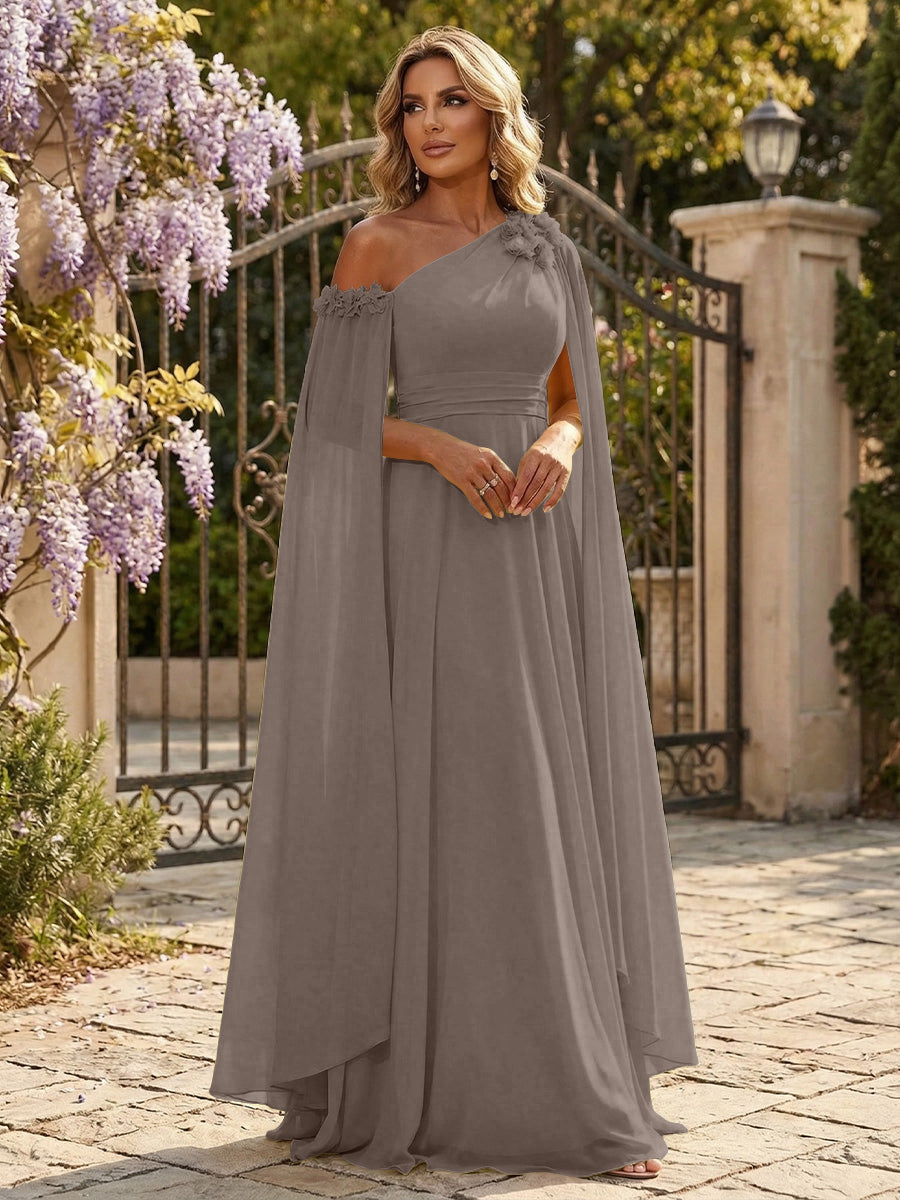 Chiffon A-Line/Princess Off Shoulder Floor-Length Formal Dresses with Ruched Waist