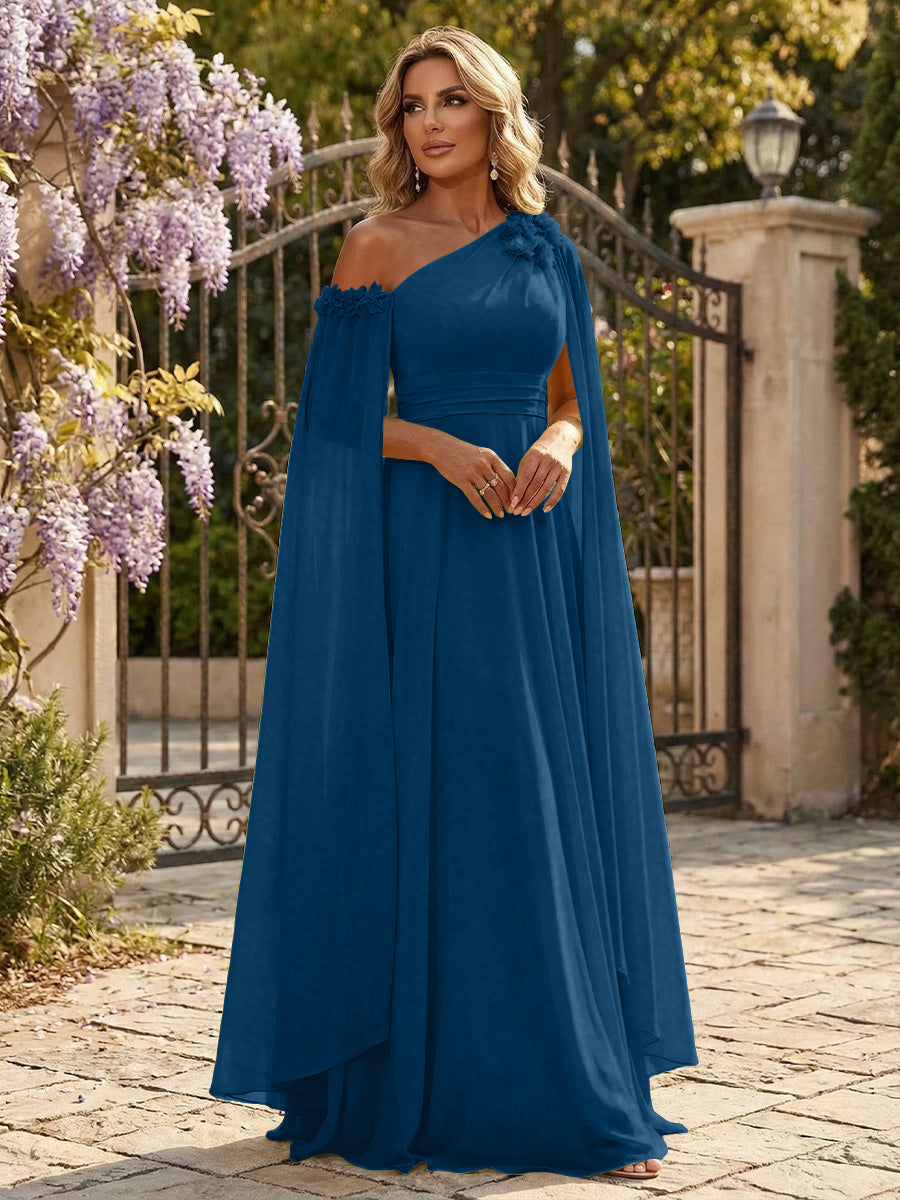 Chiffon A-Line/Princess Off Shoulder Floor-Length Formal Dresses with Ruched Waist