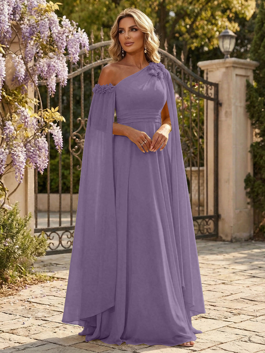 Chiffon A-Line/Princess Off Shoulder Floor-Length Formal Dresses with Ruched Waist