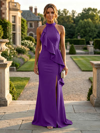 Satin Sheath/Column Halter Floor-Length Formal Dresses with Ruffles & Slit