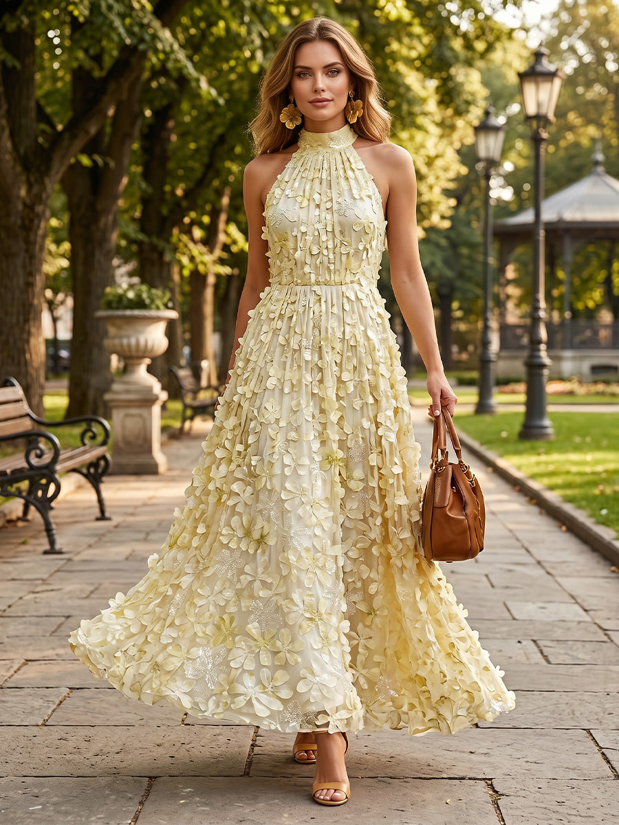 Lace A-Line/Princess Halter Floor-Length Formal Dresses with 3D Flowers