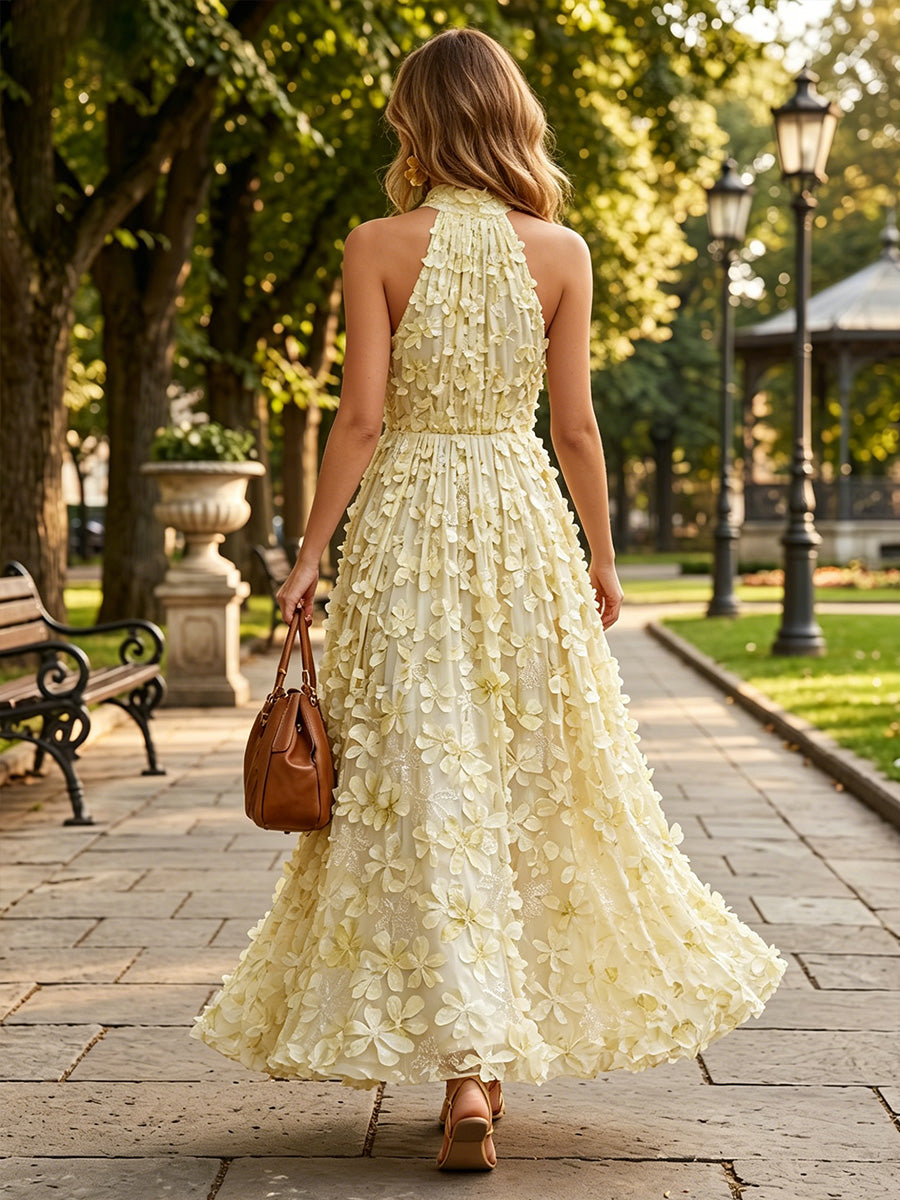 Lace A-Line/Princess Halter Floor-Length Formal Dresses with 3D Flowers