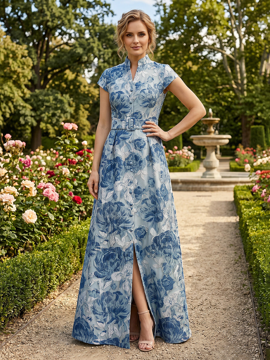 Jacquard A-Line/Princess V-Neck Floor-Length Formal Dresses with Slit