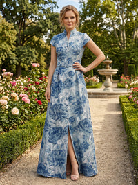 Jacquard A-Line/Princess V-Neck Floor-Length Formal Dresses with Slit