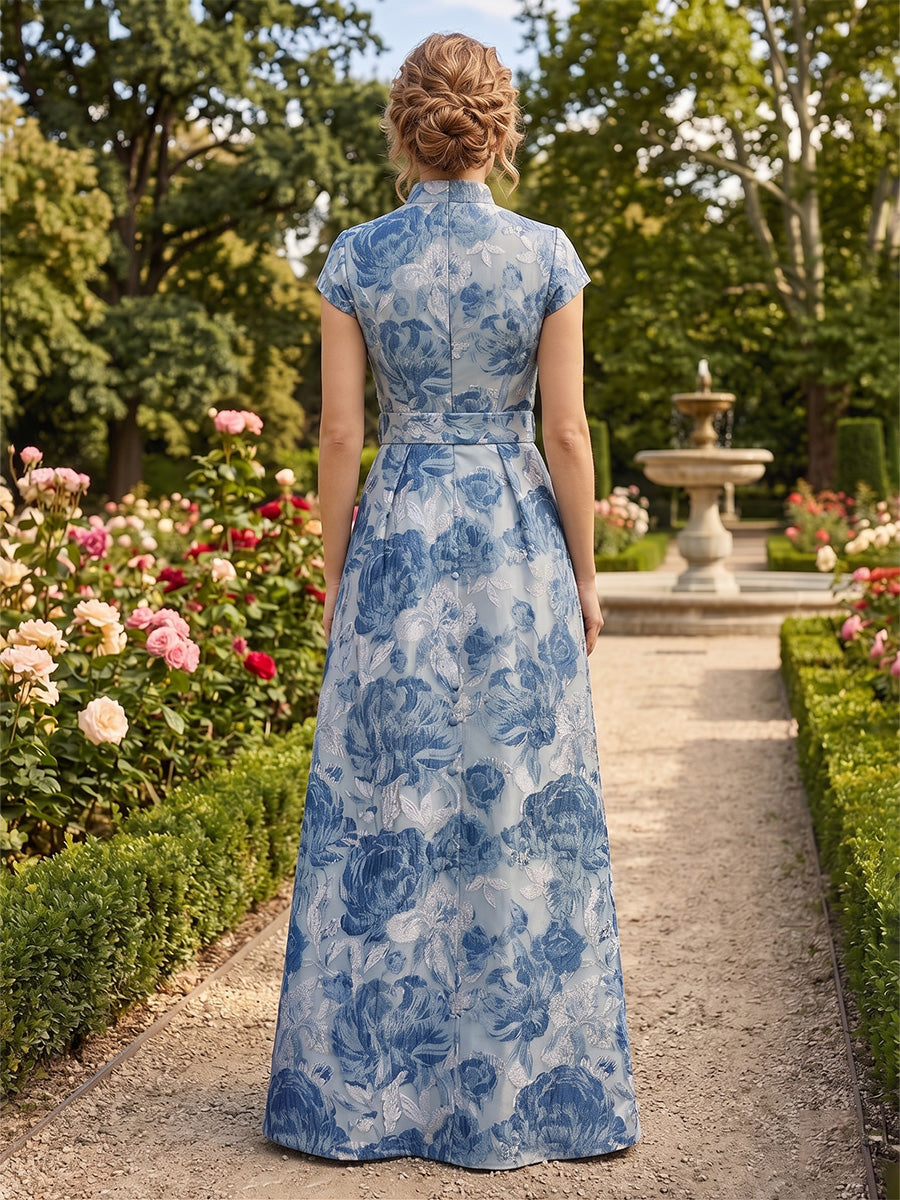 Jacquard A-Line/Princess V-Neck Floor-Length Formal Dresses with Slit