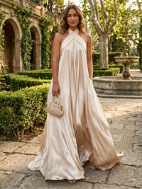 Satin A-Line/Princess Halter Floor-Length Formal Dresses with Pleated