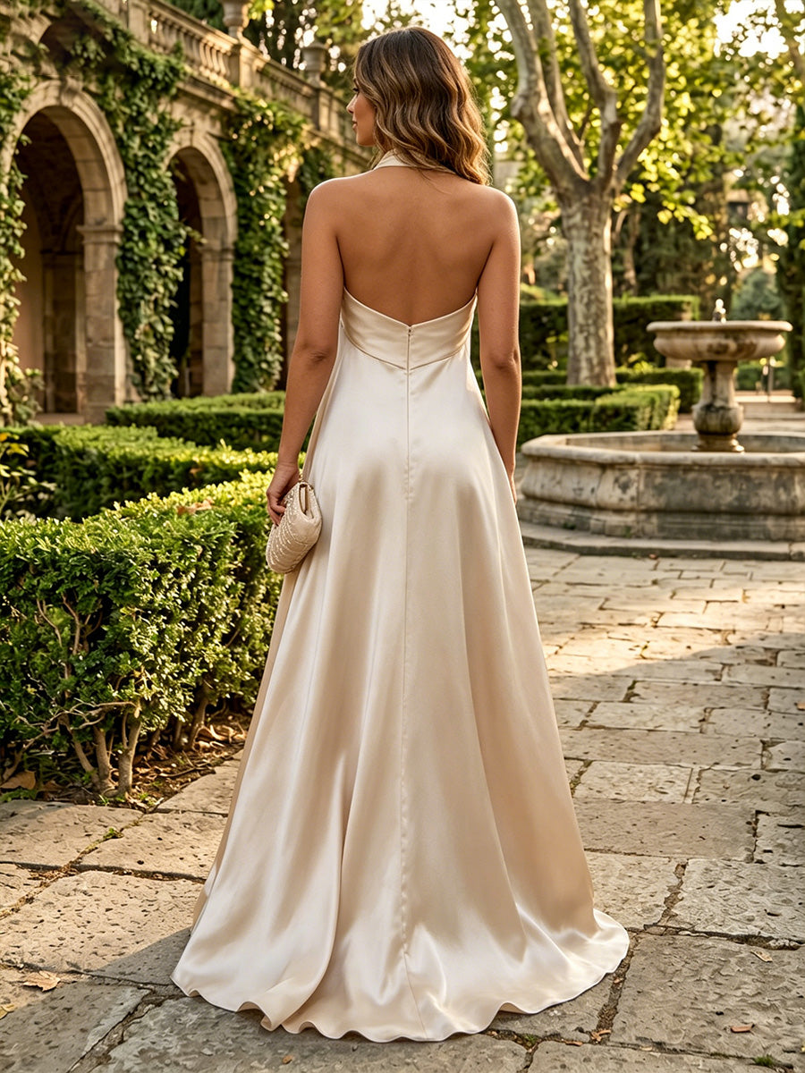 Satin A-Line/Princess Halter Floor-Length Formal Dresses with Pleated