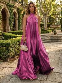 Satin A-Line/Princess Halter Floor-Length Formal Dresses with Pleated