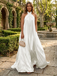 Satin A-Line/Princess Halter Floor-Length Formal Dresses with Pleated