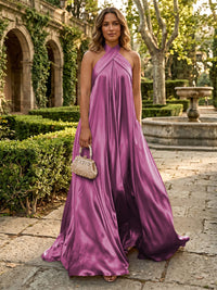 Satin A-Line/Princess Halter Floor-Length Formal Dresses with Pleated