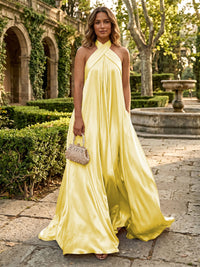 Satin A-Line/Princess Halter Floor-Length Formal Dresses with Pleated
