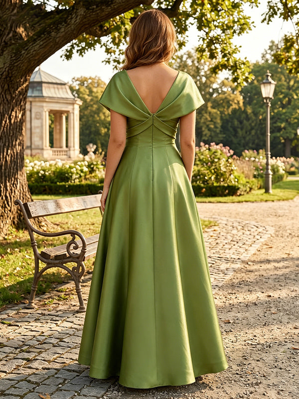 Satin A-Line/Princess V-Neck Floor-Length Formal Dresses with Ruched Waist