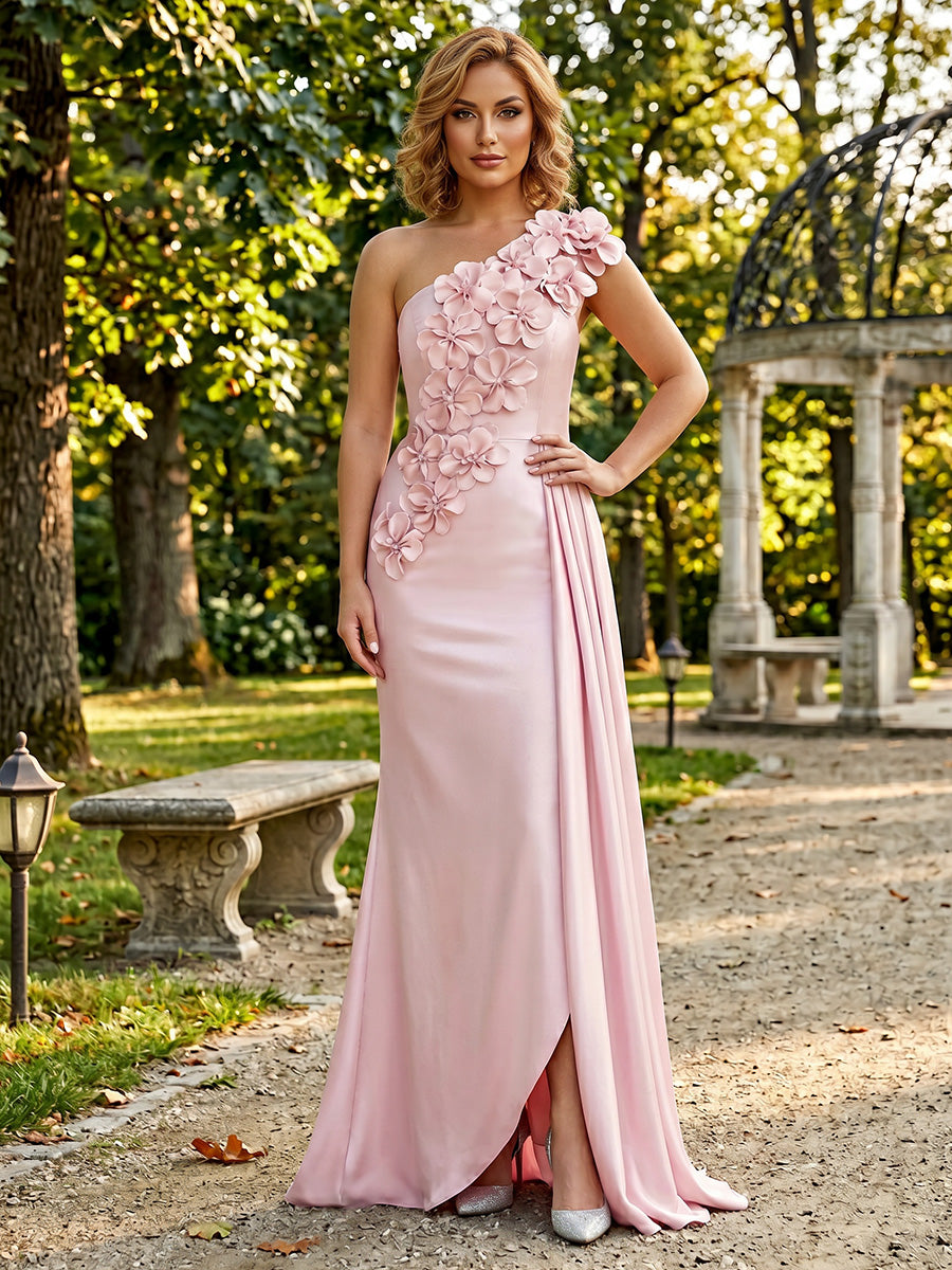 Satin Sheath/Column One Shoulder Floor-Length Formal Dresses with 3D Flowers