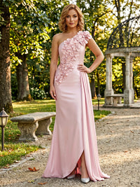 Satin Sheath/Column One Shoulder Floor-Length Formal Dresses with 3D Flowers