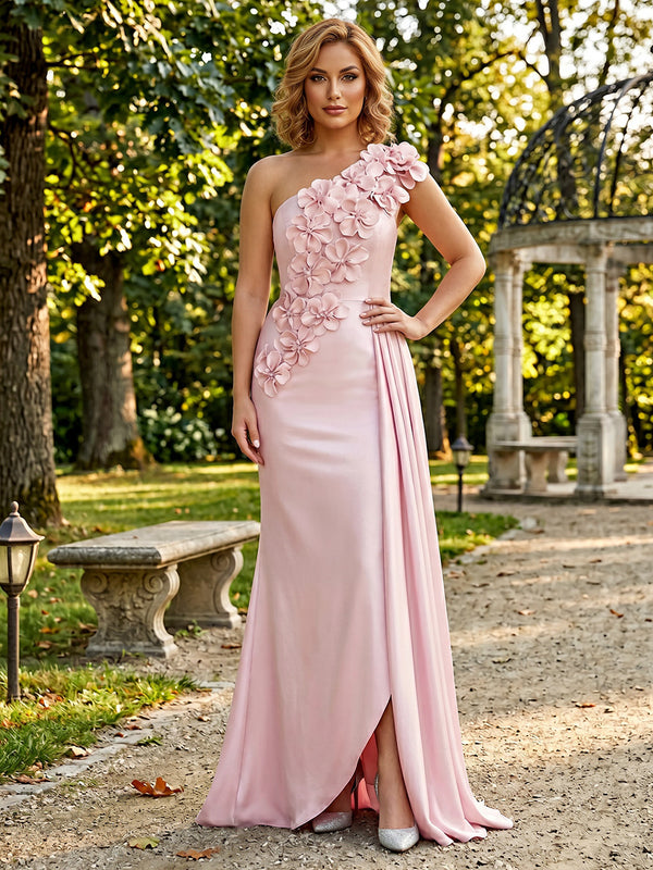 Satin Sheath/Column One Shoulder Floor-Length Formal Dresses with 3D Flowers