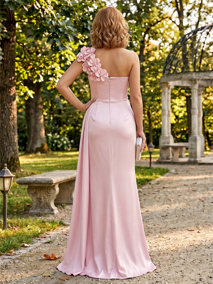 Satin Sheath/Column One Shoulder Floor-Length Formal Dresses with 3D Flowers