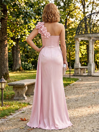 Satin Sheath/Column One Shoulder Floor-Length Formal Dresses with 3D Flowers