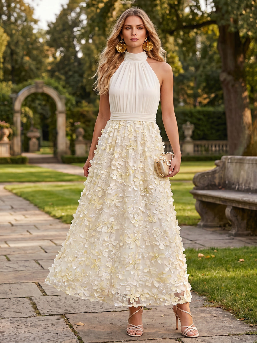 Lace A-Line/Princess High Neck Floor-Length Formal Dresses with 3D Flowers