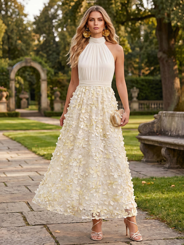 Lace A-Line/Princess High Neck Floor-Length Formal Dresses with 3D Flowers