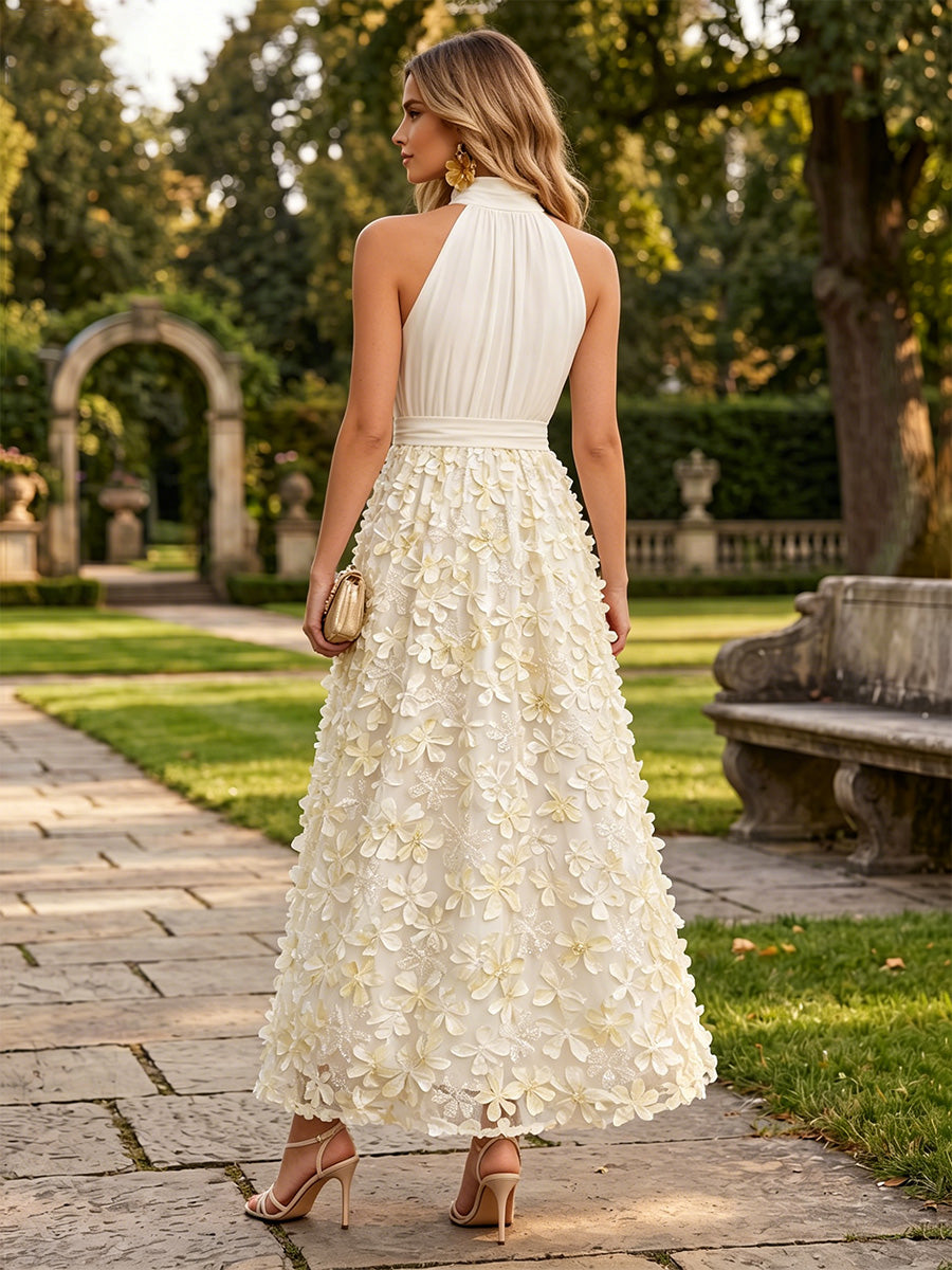Lace A-Line/Princess High Neck Floor-Length Formal Dresses with 3D Flowers