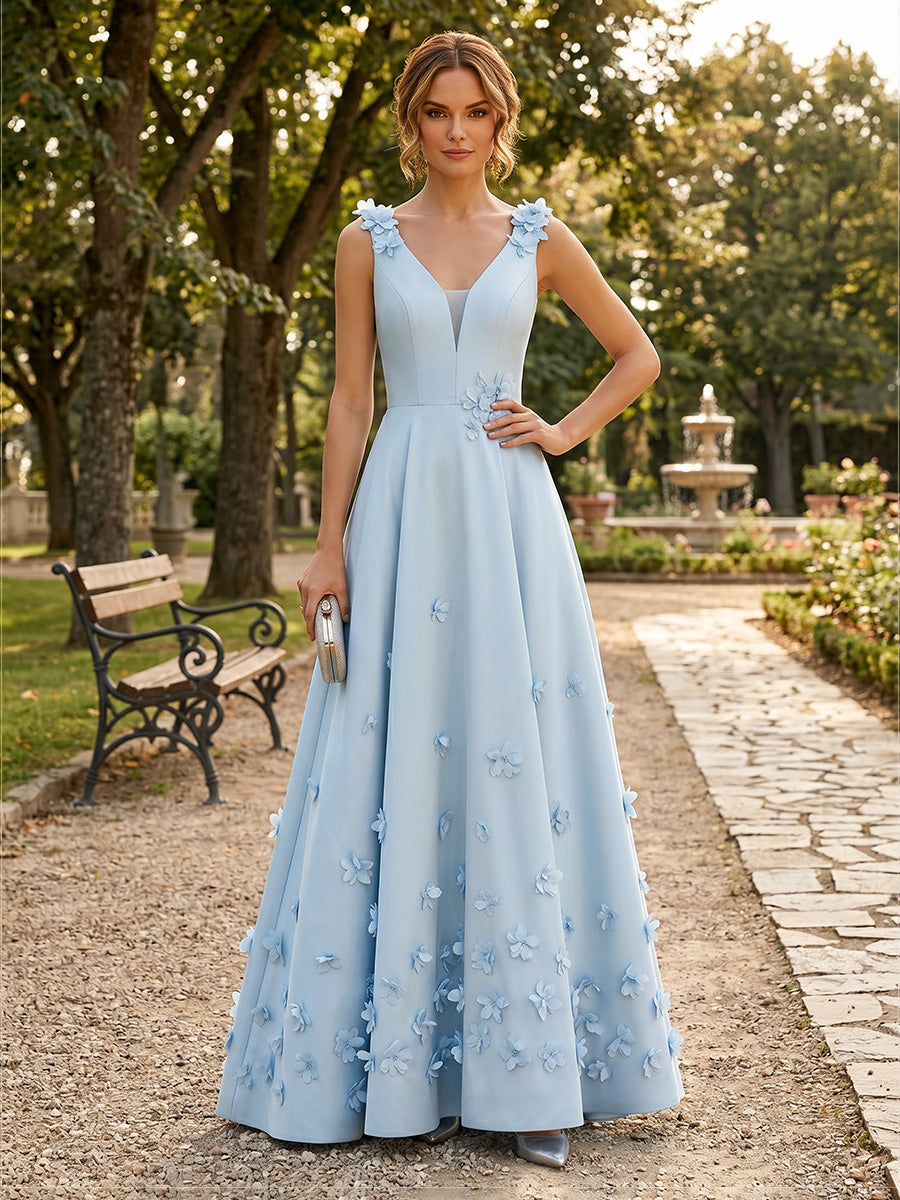 Satin A-Line/Princess V-Neck Floor-Length Formal Dresses with 3D Flowers