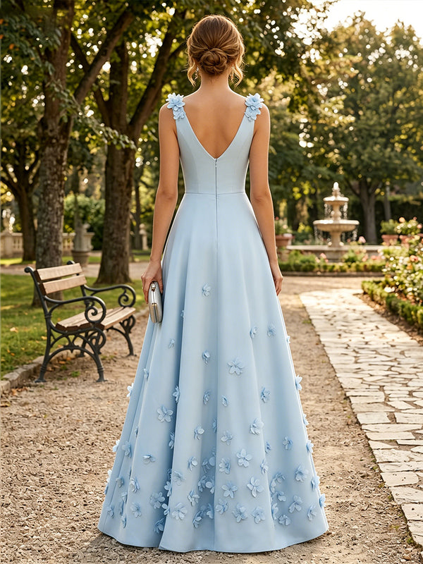 Satin A-Line/Princess V-Neck Floor-Length Formal Dresses with 3D Flowers