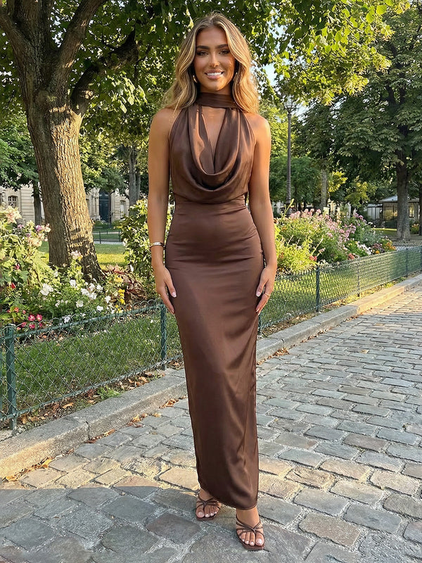 Satin Sheath/Column Cowl Neck Floor-Length Formal Dresses with Ruched Waist