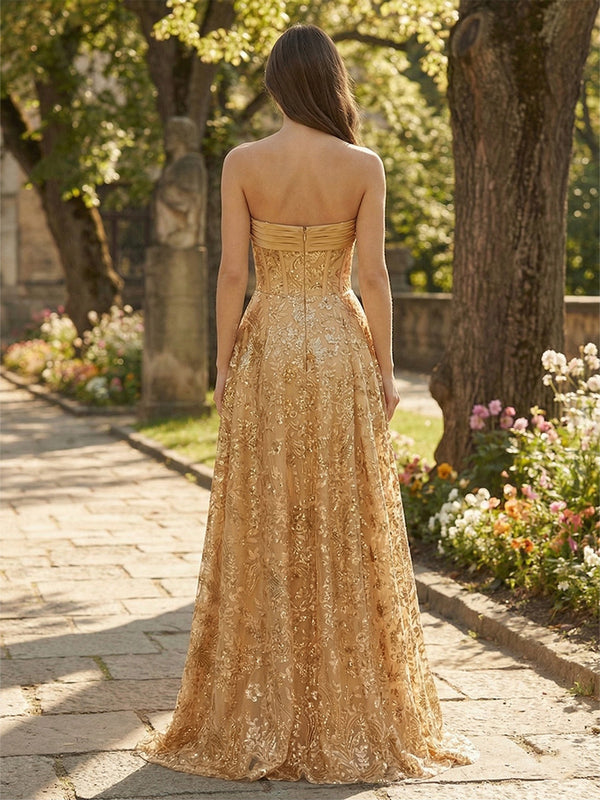 Lace A-Line/Princess Strapless Floor-Length Formal Dresses with Sequin Floral & Slit