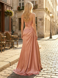 Satin Sheath/Column Strapless Floor-Length Formal Dresses with Ruched Waist & Slit