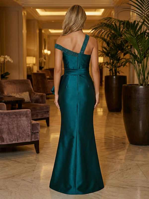 Satin Sheath/Column One Shoulder Floor-Length Formal Dresses with Ruched Waist