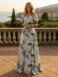 Floral Print A-Line/Princess Asymmetric Neck Floor-Length Formal Dresses with Pleated