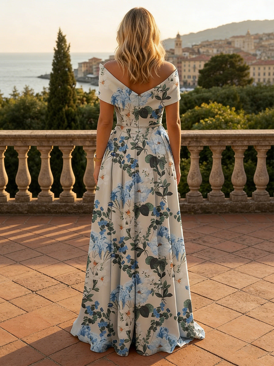 Floral Print A-Line/Princess Asymmetric Neck Floor-Length Formal Dresses with Pleated