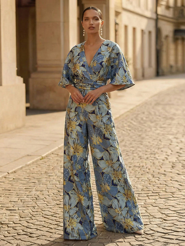 Jacquard Pantsuit V-Neck Floor-Length Formal Dresses with Ruched Waist