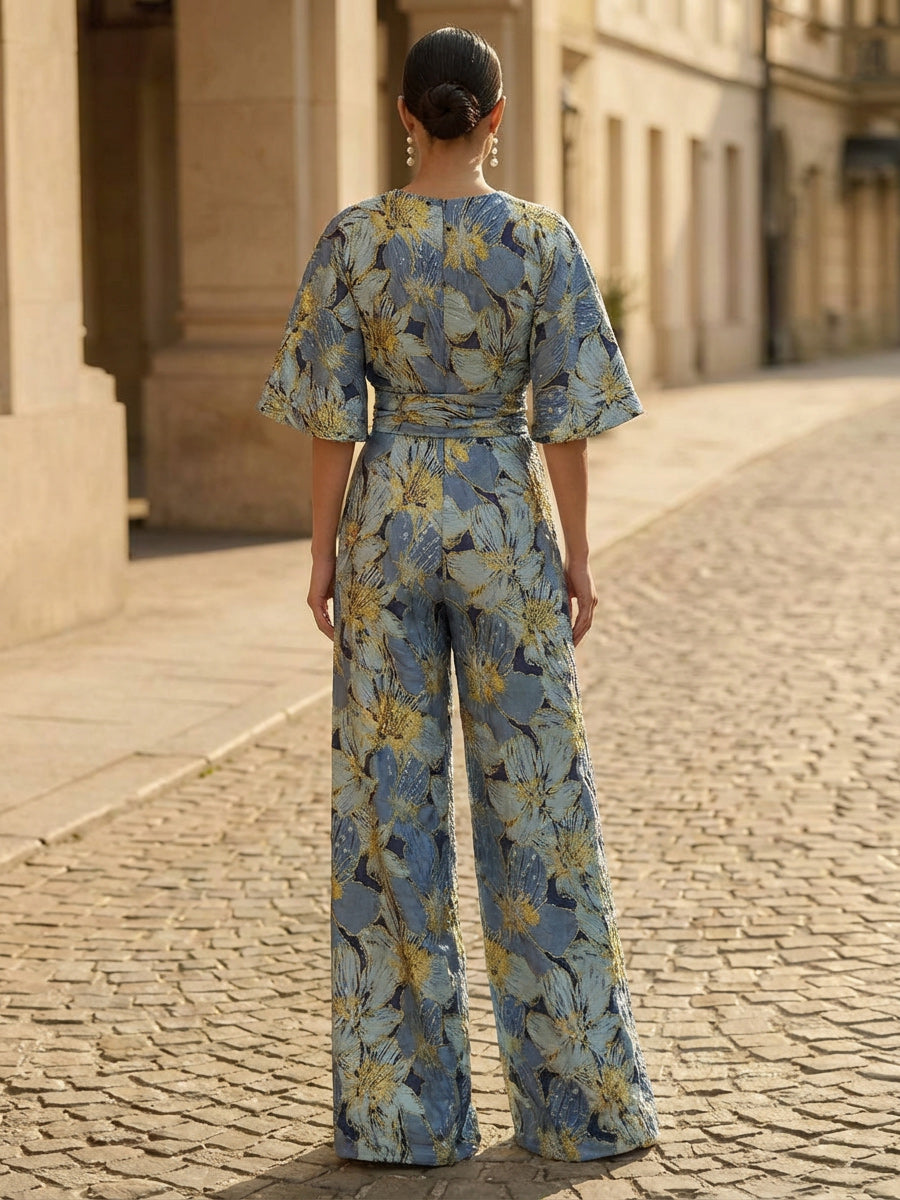 Jacquard Pantsuit V-Neck Floor-Length Formal Dresses with Ruched Waist