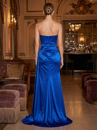 Satin Sheath/Column Strapless Floor-Length Formal Dresses with Ruched Waist, Sweep Train & Slit