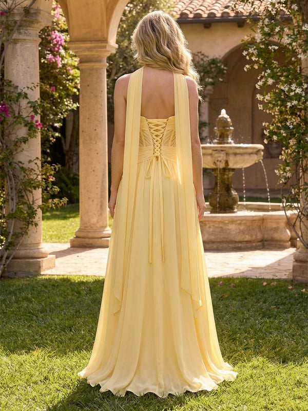 Chiffon A-Line/Princess Strapless Floor-Length Formal Dresses with Scarf, Corset & Pleated